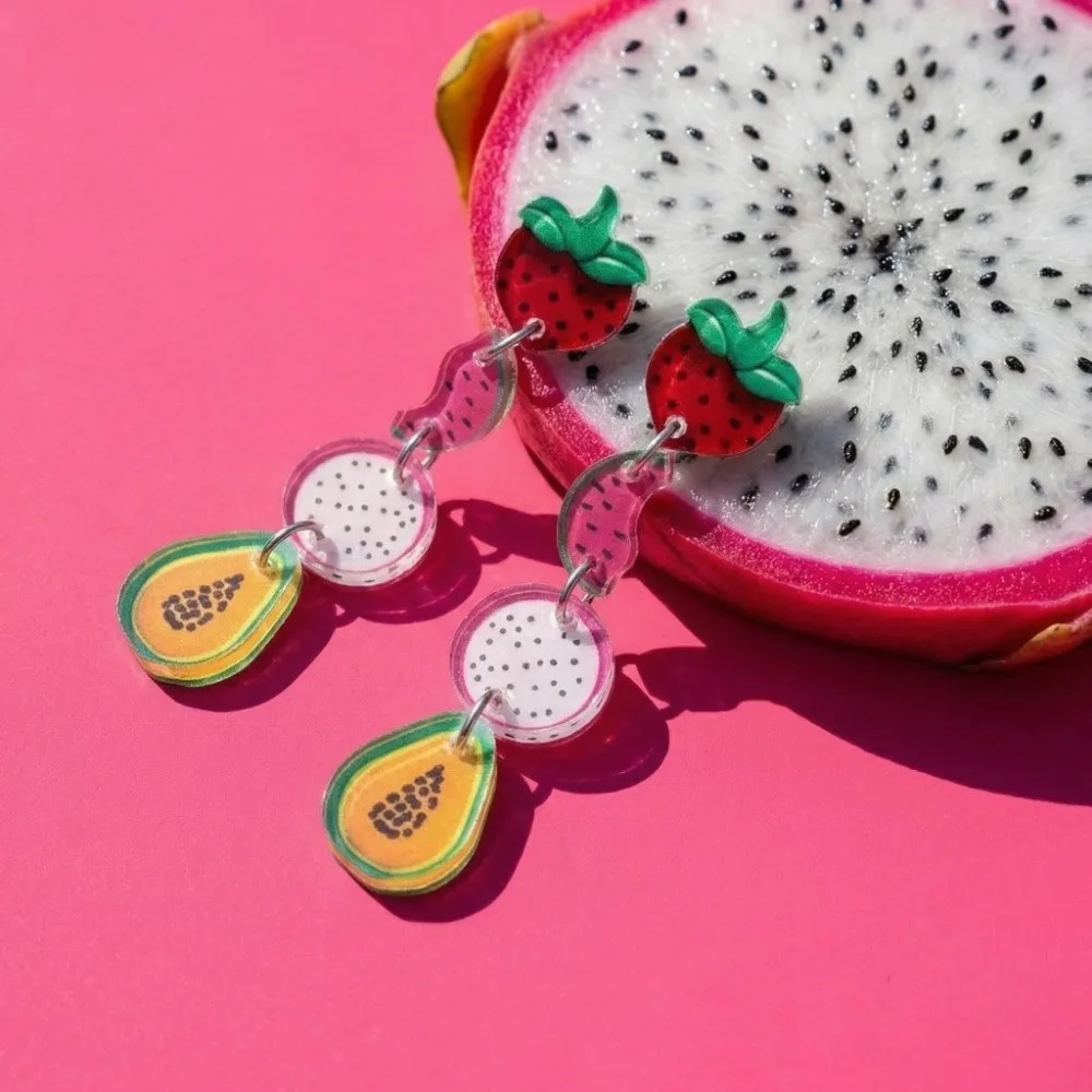 Personality Acrylic Tropical Fruit Earrings Creative Pitaya Fruit Dangle Earrings Colorful Funny Strawberry Earrings Gift