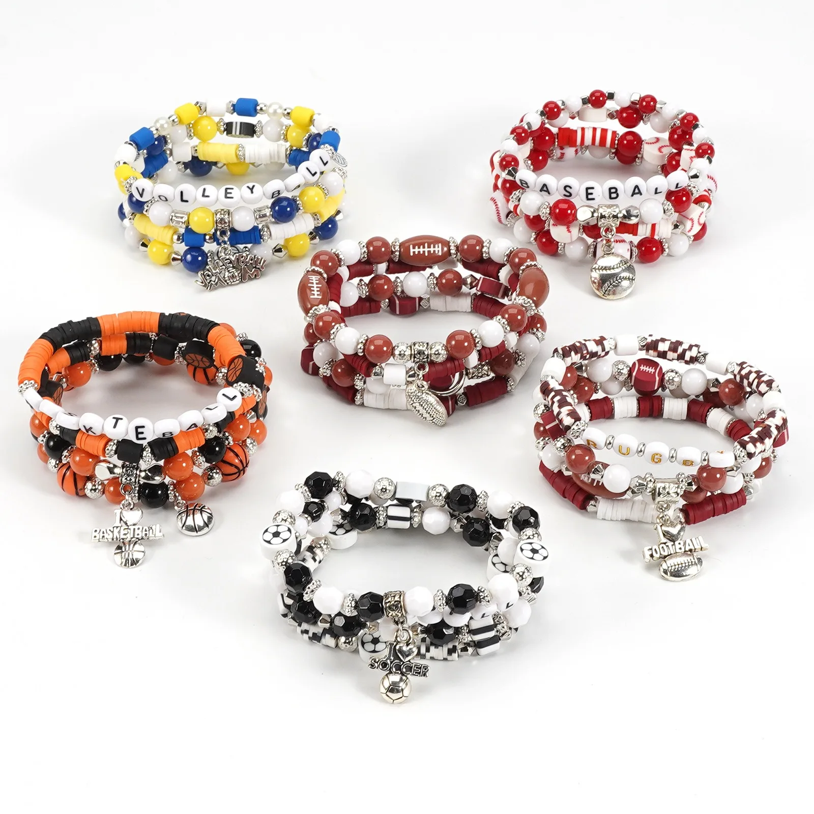 Rugby Football Bracelets for Women Gifts Stretchy Rope Beaded Bracelets Sport Brown Clay Letter Rugby Game Day Bracelet for Men