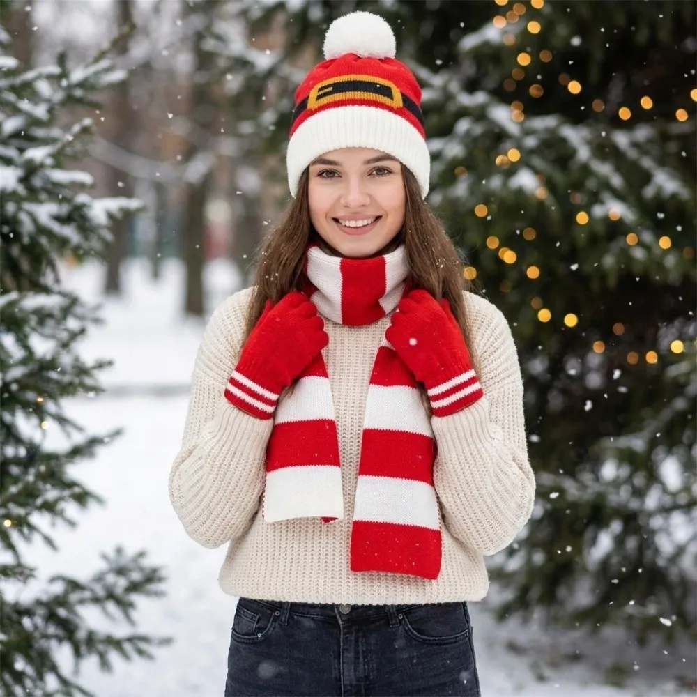 Thermal Yarn Christmas Hat Scarf Striped Pattern Plush Pom Knitted Holiday Scarf Gloves Elastic Fit Santa Claus Beanie