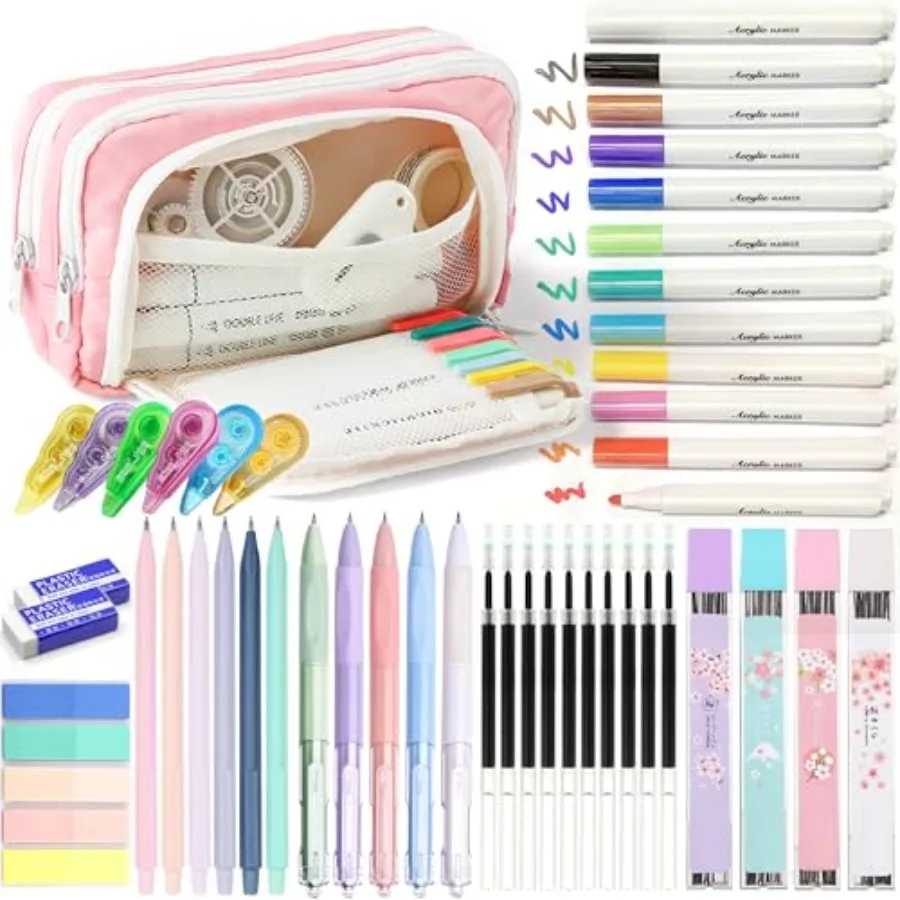 

42 PCS Aesthetic School Supplies with Large Pencil Case, 12 Marker Pens with box, 5 Ink Gel Pens, 6 Mechanical Pencils Set, Sti