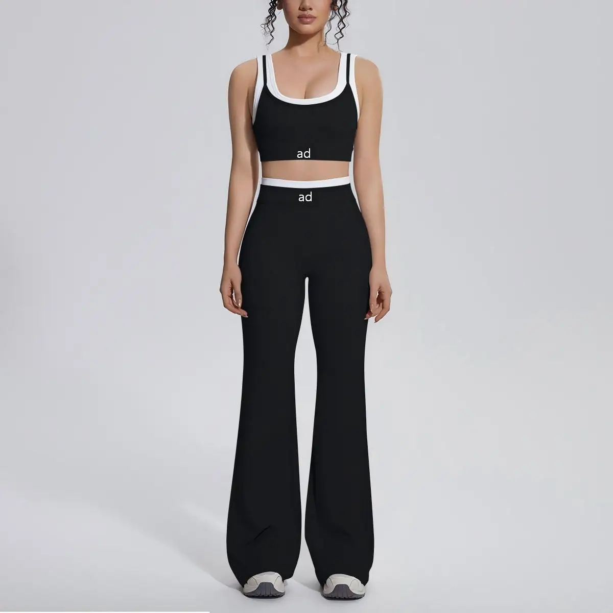 2026 New Color Contrasting Threaded Back Sports Micro flared Pants - Yoga Clothing Running Fitness Yoga Two Piece Set