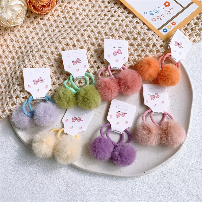 2pcs/set Kawaii Pompom Hair Tie For Girls Kid Elastic Plush Hair Rubber bands Baby Pink Ball Hair Rope child hairbands Cute Gift