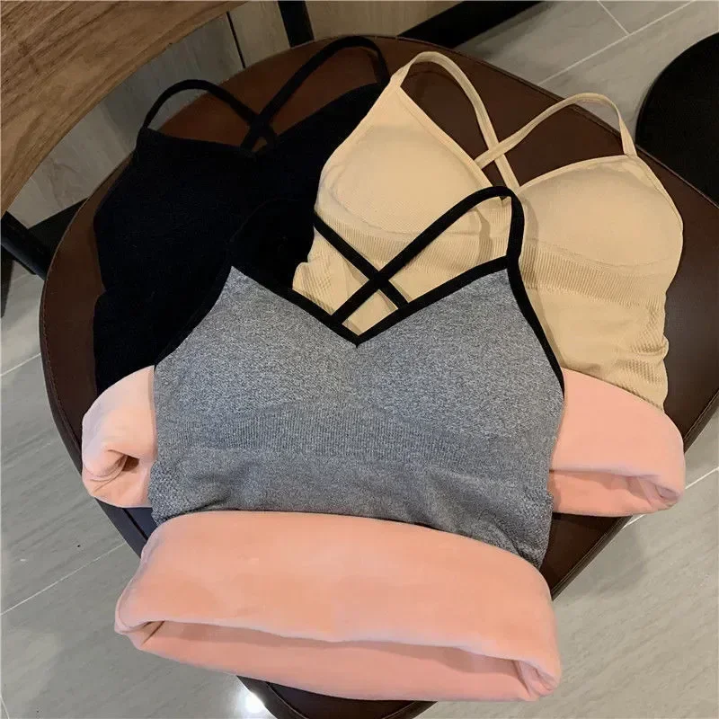 

With Women’s Solid Chest Sling Женское Slim Warm Female Velvet Pad Camisole Термобелье Underwear Winter Thermal Simple Vest