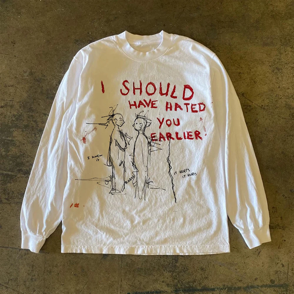 

Футболка с длинным рукавом в стиле ретро, американская, с круглым вырезом, с забавным принтом, 100% хлопок, универсальный топ для мужчин и женщин, молодежная мода