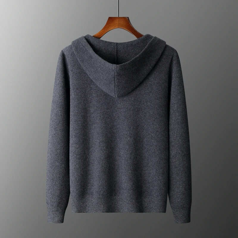 Autumn Winter New Thickened 100% Cashmere Cardigan Men's Hooded Knitted Hoodie Solid Color Loose Versatile Sweater Zipper Jacket