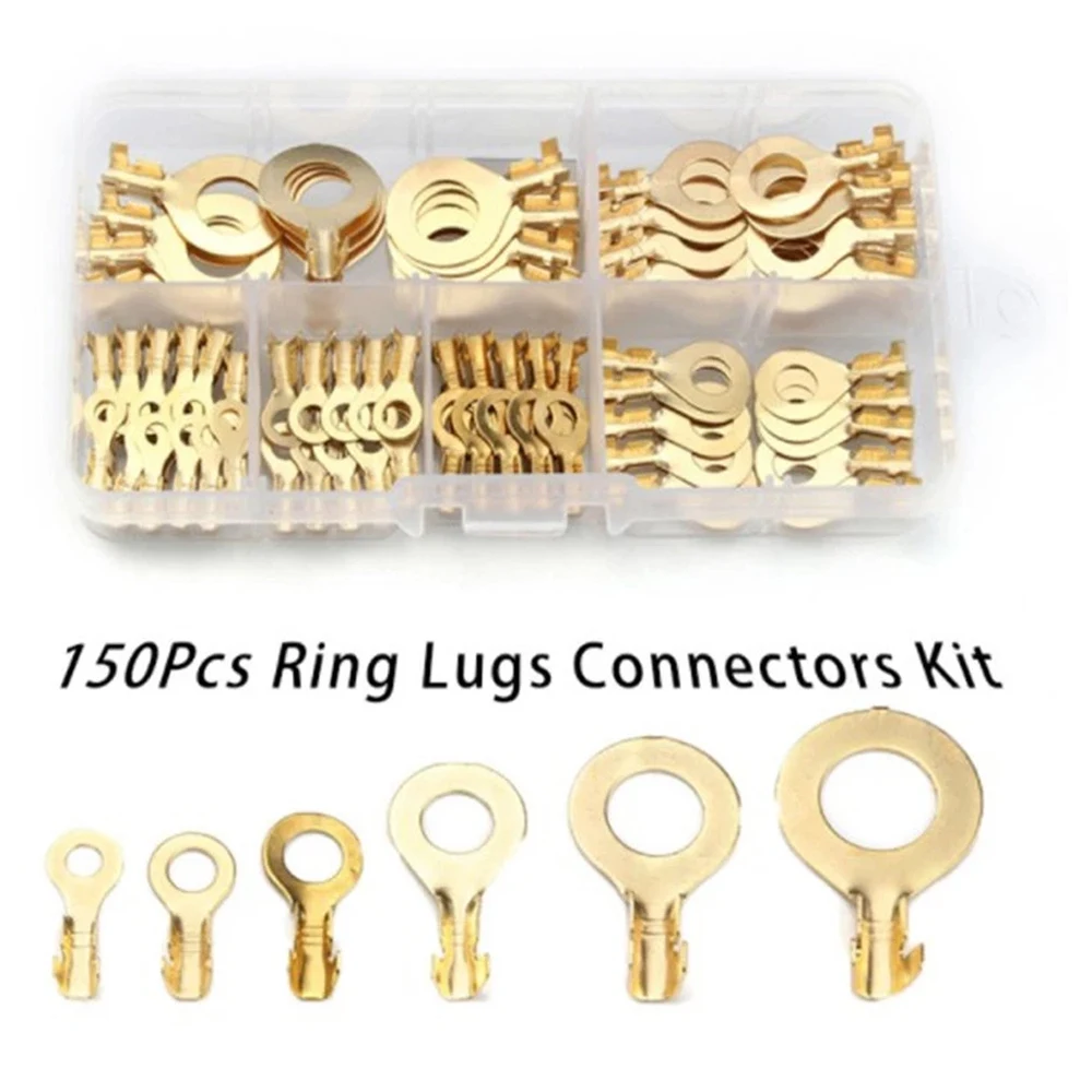 150Pcs Insulated Crimp Copper Ring Terminals Wire Connectors Spade Electrical Kit O-type Lugs Terminals Cold-Pressed Connector