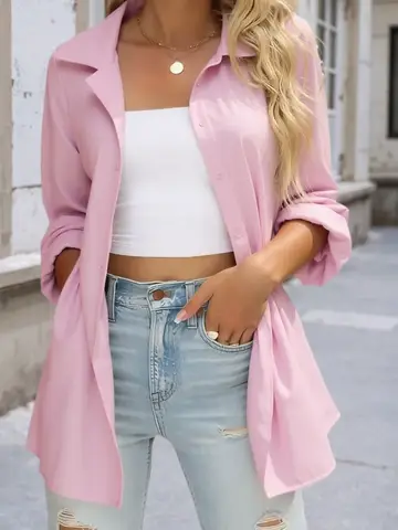 Plus size feminino camisas oversize simples rosa topos cor sólida versátil lapela fina viagem essencial blusa de peito único roupas