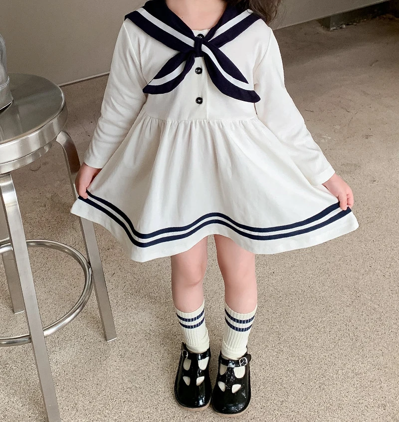 2024 Spring and Autumn Girls Children\'s Sweet Long sleeved Dress Navy Collar Star Princess Dress Clothing 1-6Y