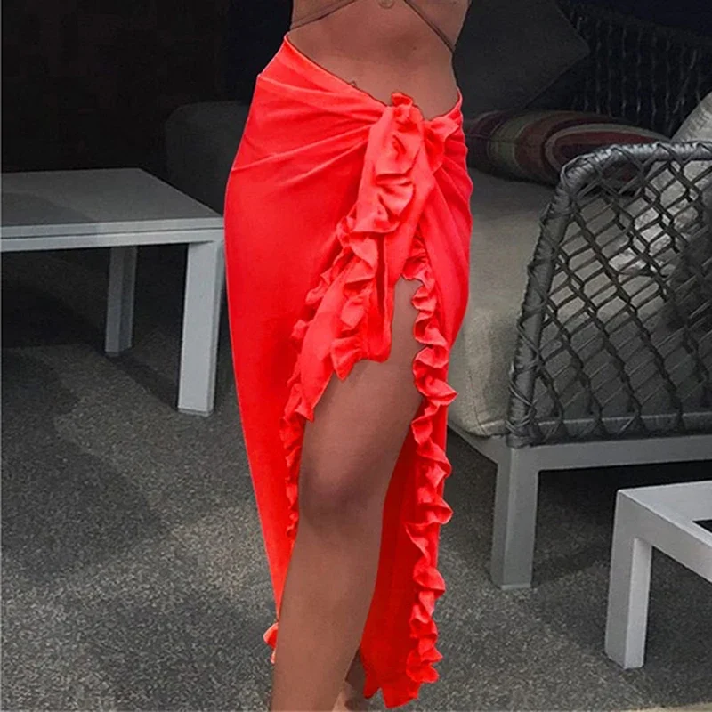 Kadın şifon See-Through plaj Bikini Cover Up Wrap eşarp mayo Pareo Sarong elbise katı fırfır rahat plaj elbise