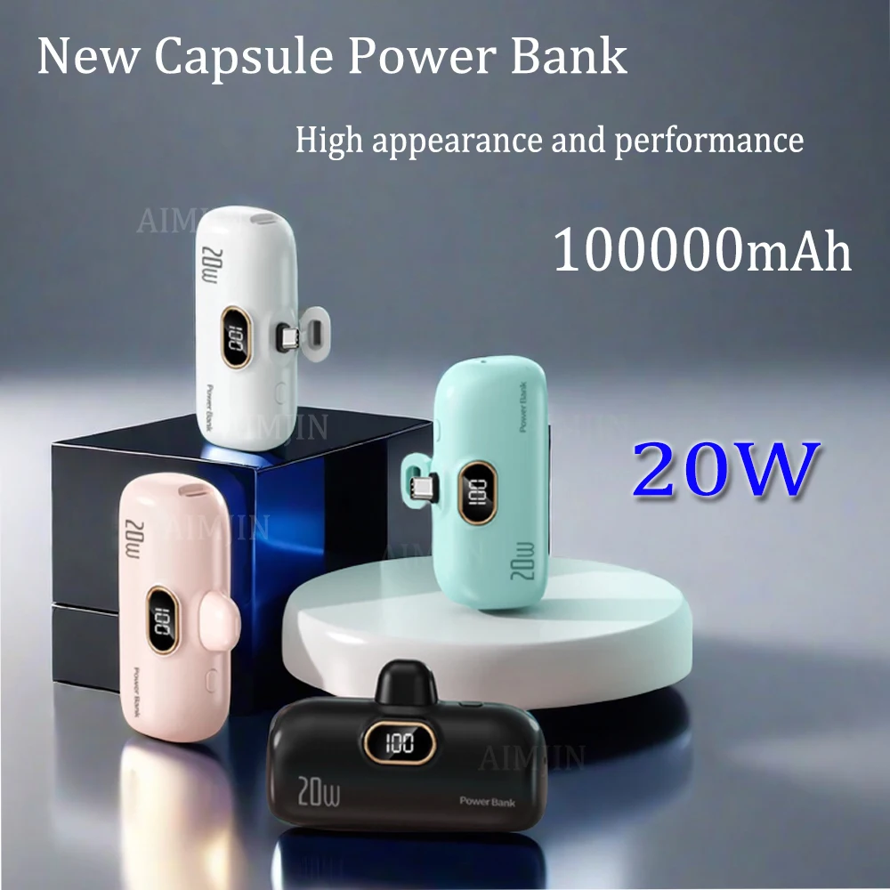 20W Type-C New Capsule Power Bank Mini Pocket Portable 100000mAh Fast Charging Mobile Power Supply