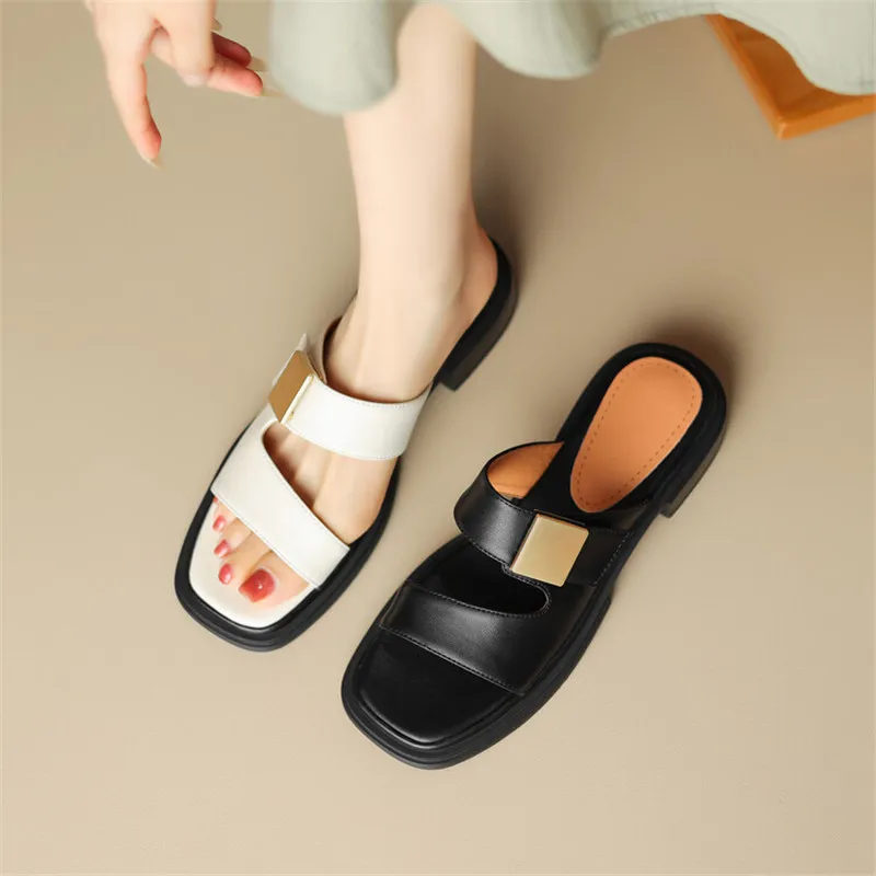 New Split Leather Summer Slippers Women 2024 Square Toe Chunky Heel Sandals Open Toe Shoes for Women Handmade Slippers Women