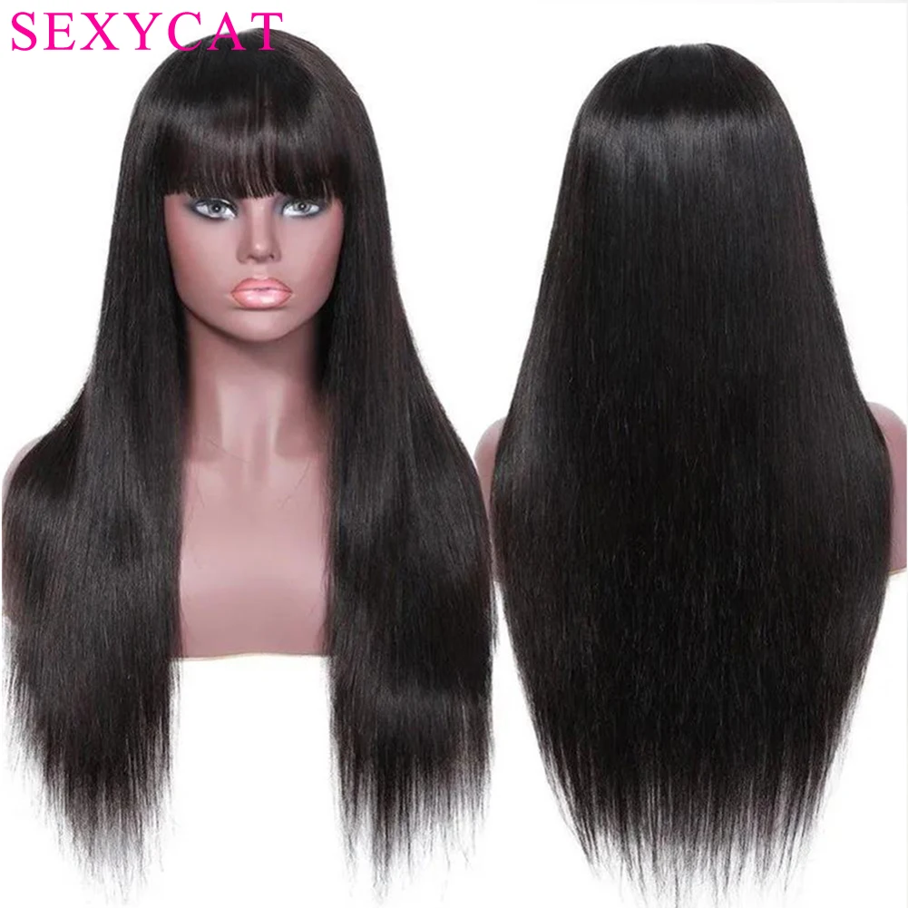 SexyCat 1B Straight Human Hair Wigs with Bangs None Lace Front Wigs Glueless Machine Made Wigs for Black Women Natural Color