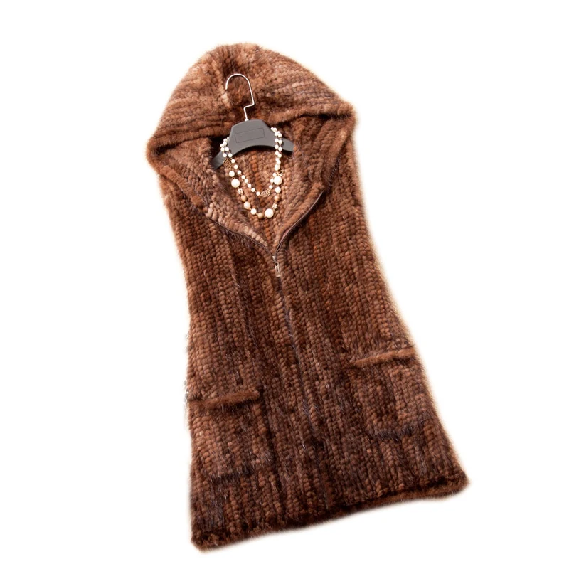 Winter Women's Real Genuine Knitted Mink Fur Vest with Hoody Lady Warm Waistcoat Female Gilet Plus Size