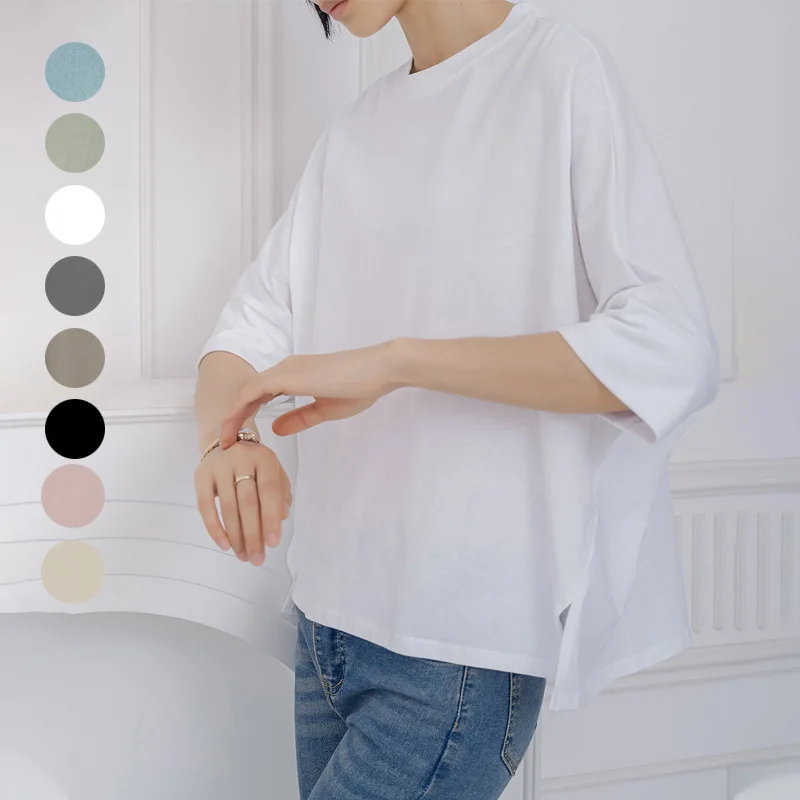 

Lotte Летняя новая свободная хлопковая футболка для женщин с большими рукавами «летучая мышь» и боковыми разрезами