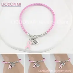 2024 New Arrival Inspiration Love Faith Hope Bracelet Breast Cancer Bracelets PU Braid Leather with Pink Ribbon Charm Pulsera