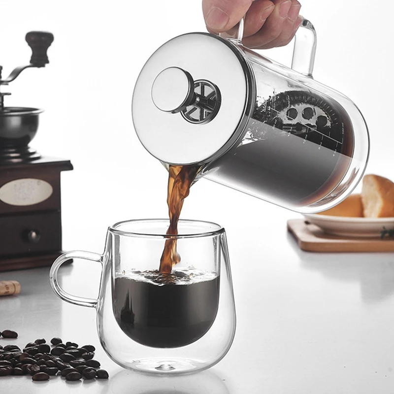 Double Layer High Borosilicate Glass Press Pot Press Filter Coffee Apparatus French Coffee Pot with Scale