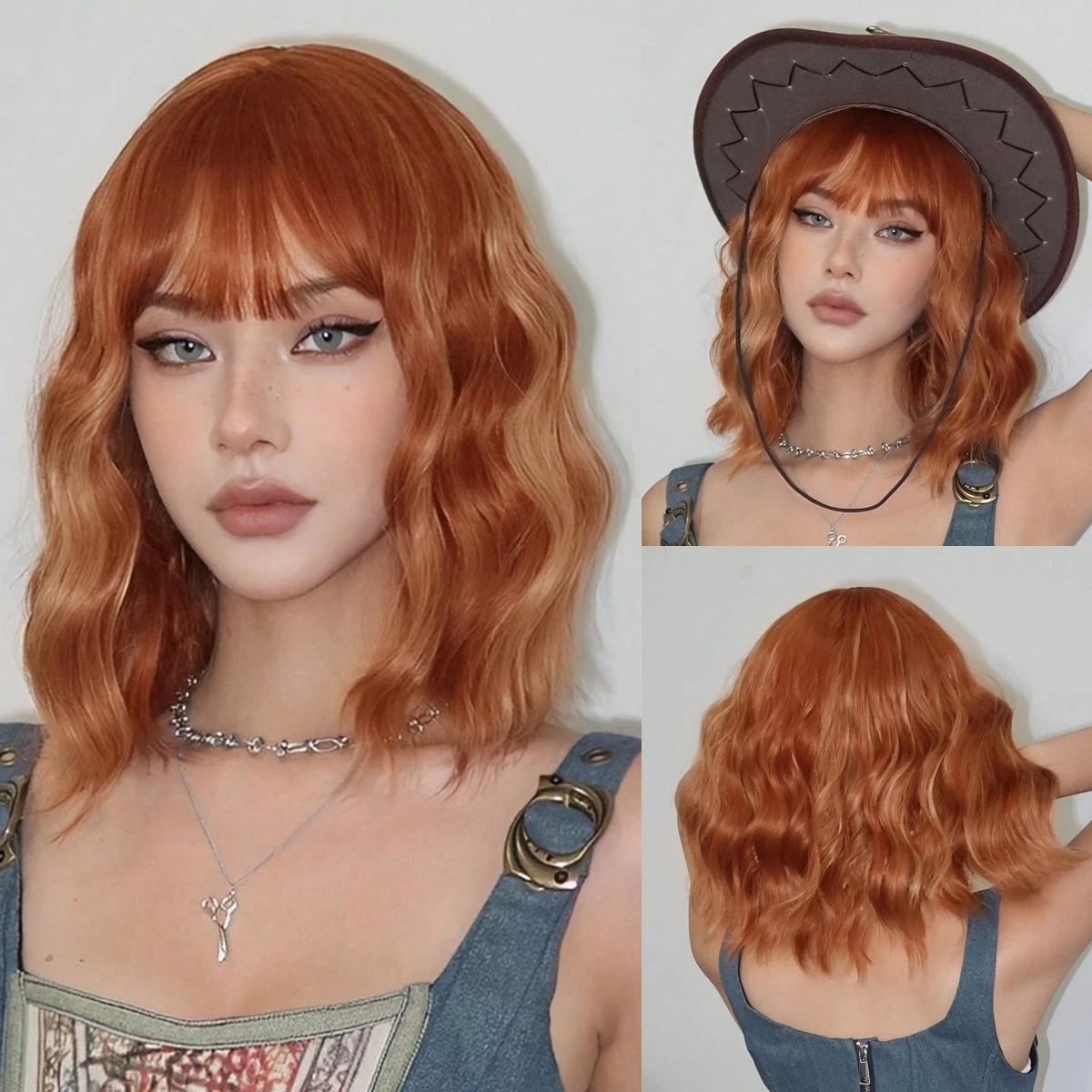 Orange Ginger Bob Synthetic Wigs Short Wave Hair Wigs with Bangs Natural Curly Bob Wigs  For Women Lolita Cosplay Heat Resistant