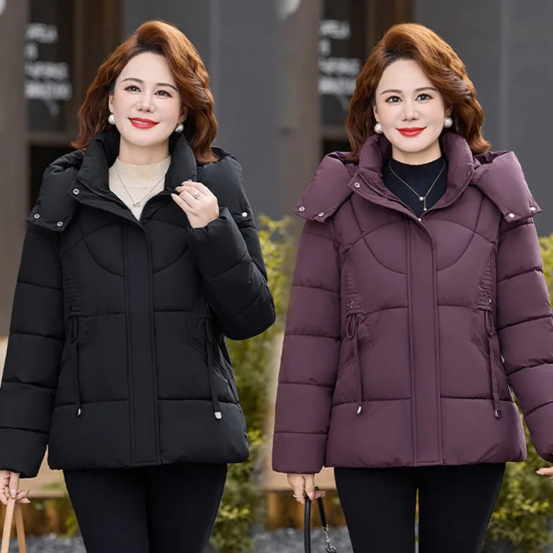 Autumn Winter Cotton Padded Jackets Loose Solid Hooded Women's Windproof Warm Pockets Casual Mom Style Short Outer Garment