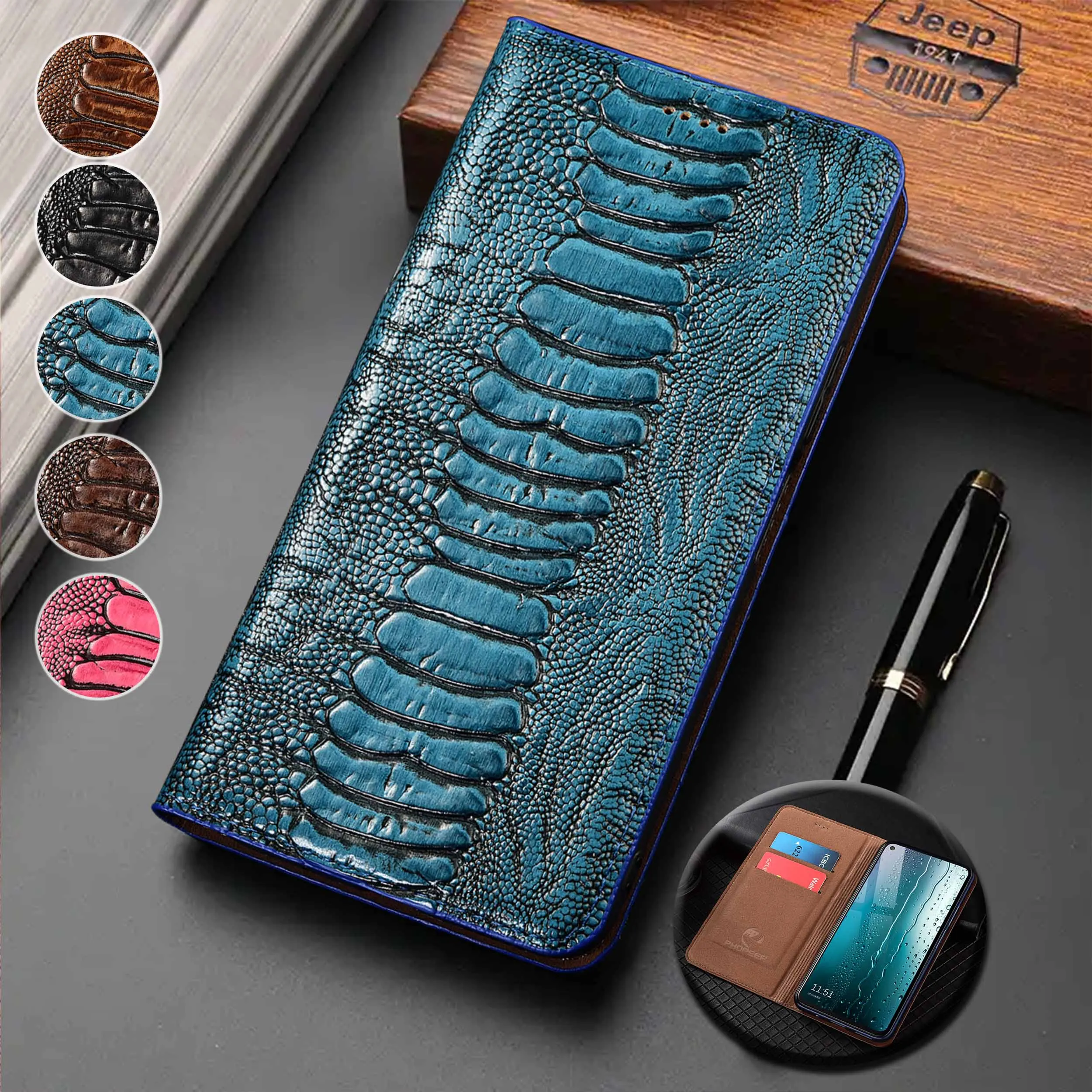 

Cowhide Genuine Leather Flip Phone Case For Honor Magic 8 Pro Ostrich Feet Pattern Of Business Wallet Cover Cases
