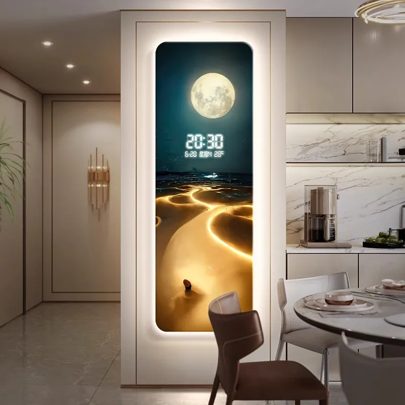 Ocean Waves Living Room Wall Clock Moon Digital Display Led Electronic Clock Room Entrance Sofa Decorative Painting Mural Light