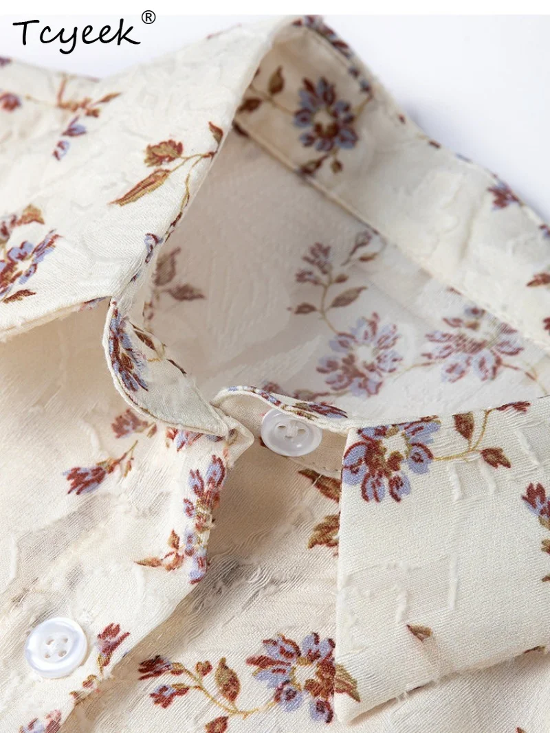 Tcyeek 100% Real Silk Women Shirt 2026 Summer Exquisite Floral Semi-transparent Large-size Tops Female Clothing Roupas Femininas