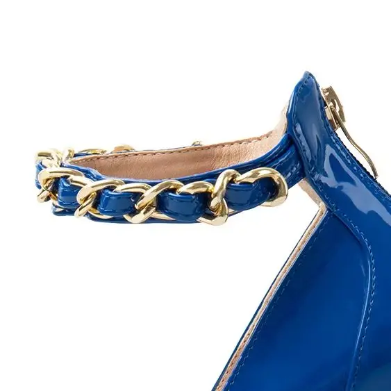 Royal Blue Patent Leather Platform High Heel Pumps Gold Chain Ankle Strap Back Zipper Stiletto Women Party Fashion Shoes view 2