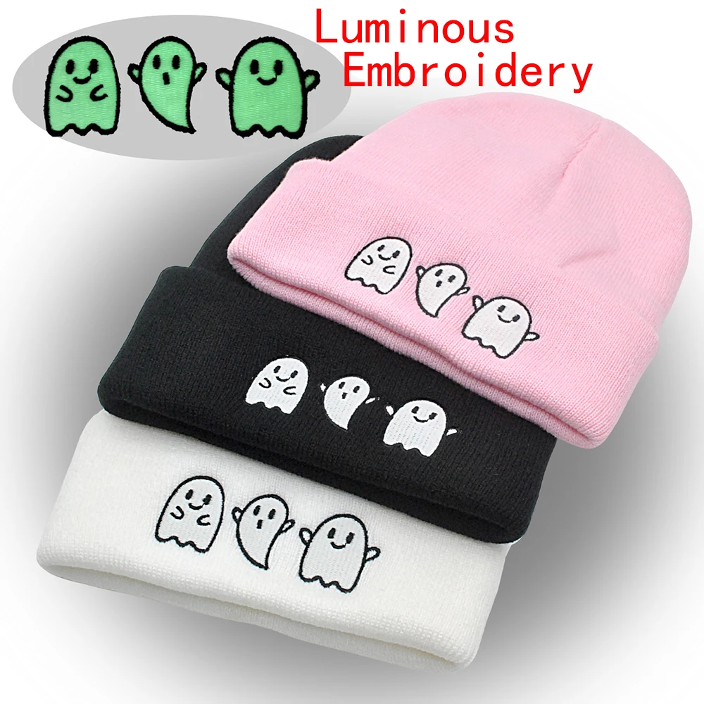 Halloween Ghost Beanie Luminous Embroidered Knitted Hats Unisex Ski Outdoor Hat Glow in The Dark