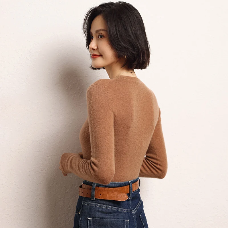 Autumn 100% Cashmere Knit Soft Fine Yarn O-neck Pullover Elasticity Sweater Fashion Comfortable Subcoating Knitwear Women Shirt