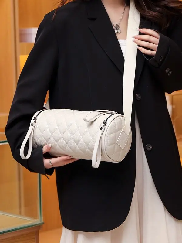 Genuine leather bag 2025 large capacity fashionable single shoulder crossbody women's bag large cowhide round bucket bag