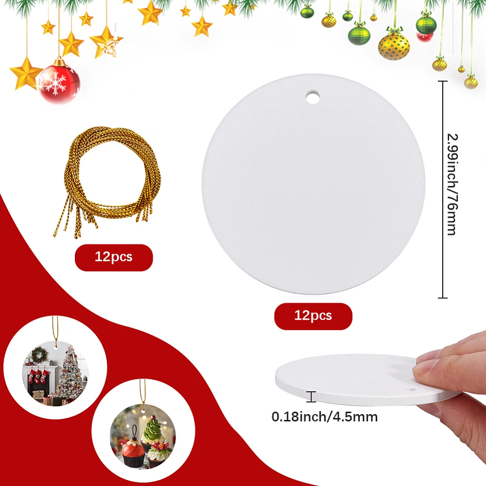 1 Box 12Pcs 3in White Ceramic Ornaments Blank Christmas Ornament Blanks Ceramic Disc DIY Paint Craft with 12Pcs String Porcelain