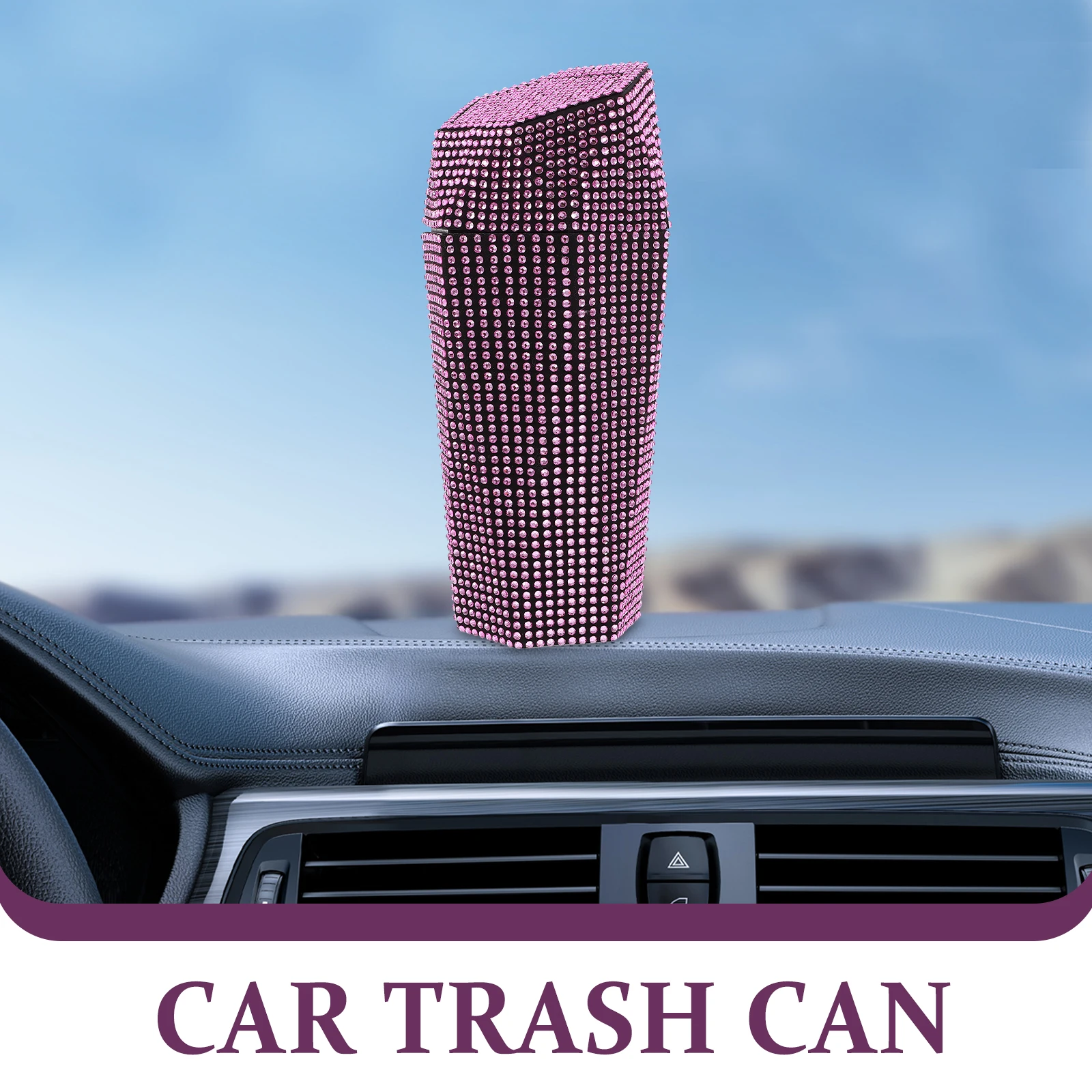

Car Trash Can Leakproof Auto Garbage Bin For Cup Holder Space-Saving Compact Dustbin Rhinestone Decoration Multiple