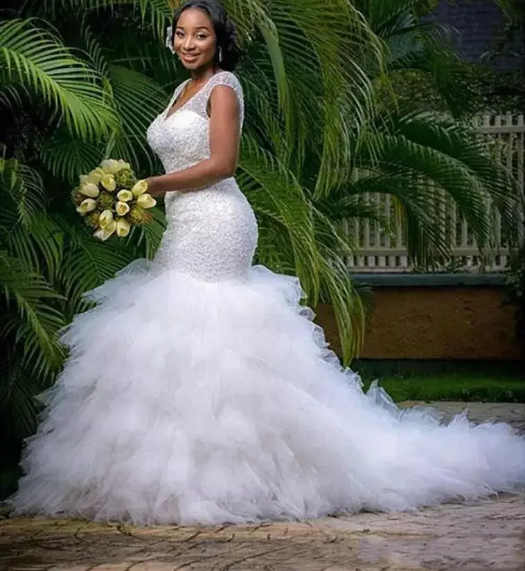 Personalizado sereia com decote em v vestidos de casamento frisado fino tule inchado vestidos de noiva rendas até voltar plus size formal vestidos de novia