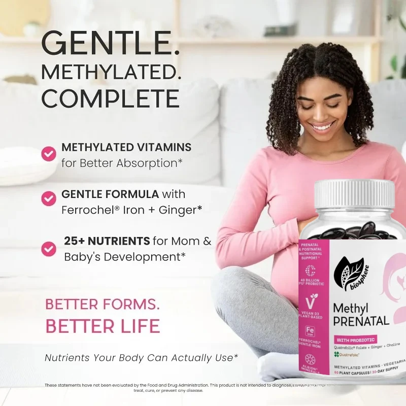 Prenatal Probiotics Mixed with Vitamins, Containing Methylfolate B12、 Iron, Ginger, and Essential Nutrients -60 Capsules