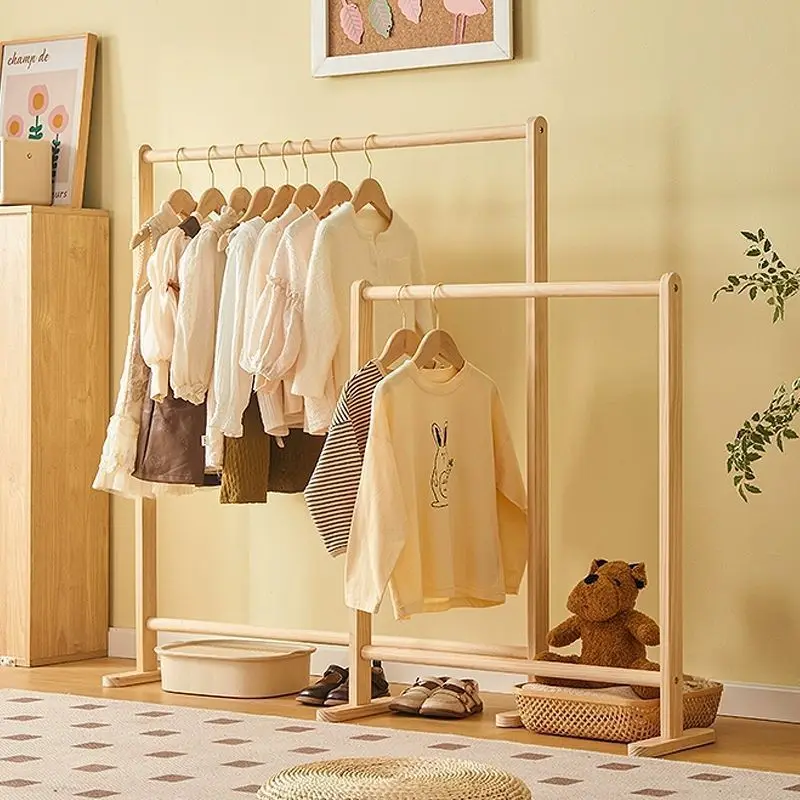 Kids Solid Wood Folding Clothes Rack Simplistic Design Coat Hanging Solution with Landing Rod Bedside Stylish Clothing Organizer