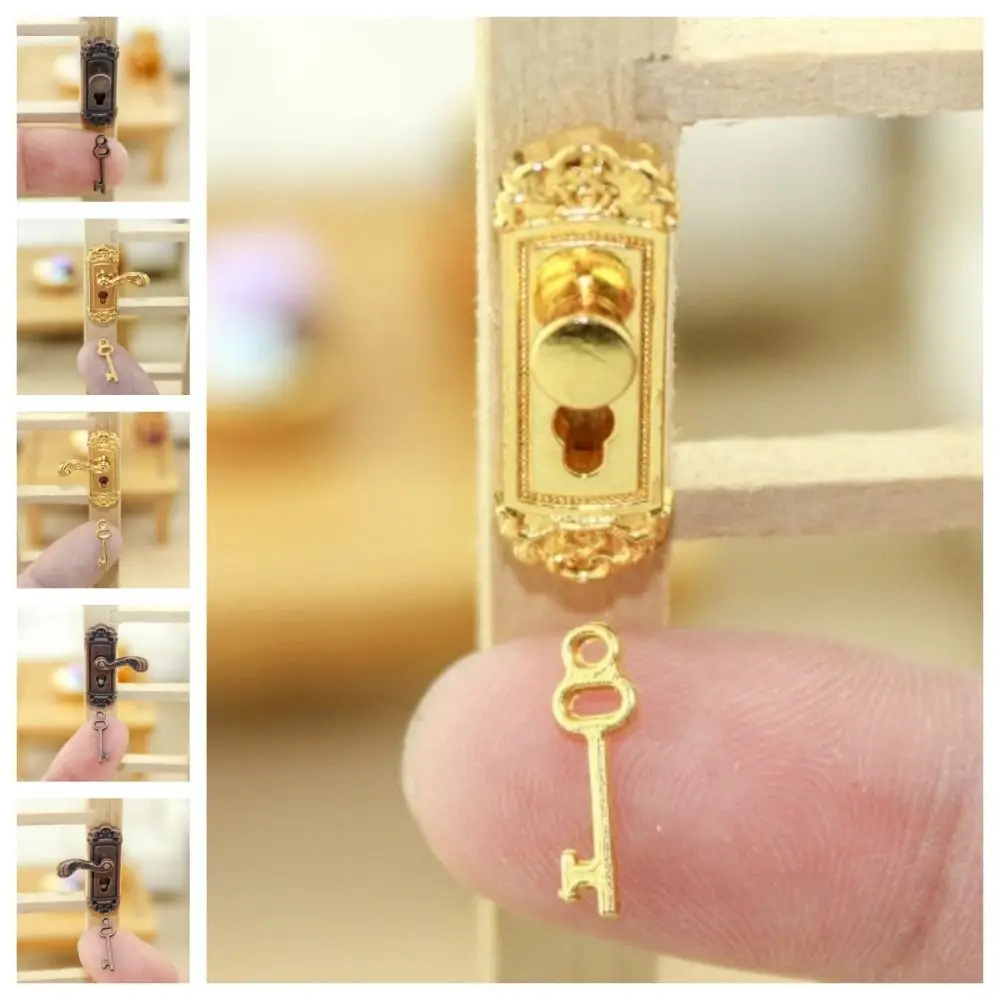 1:12 DIY Pretend Play Toy Gold Bronze Doll House Accessories with Keyhole Knobs Keys Set Miniature Door Handles Kids Gift