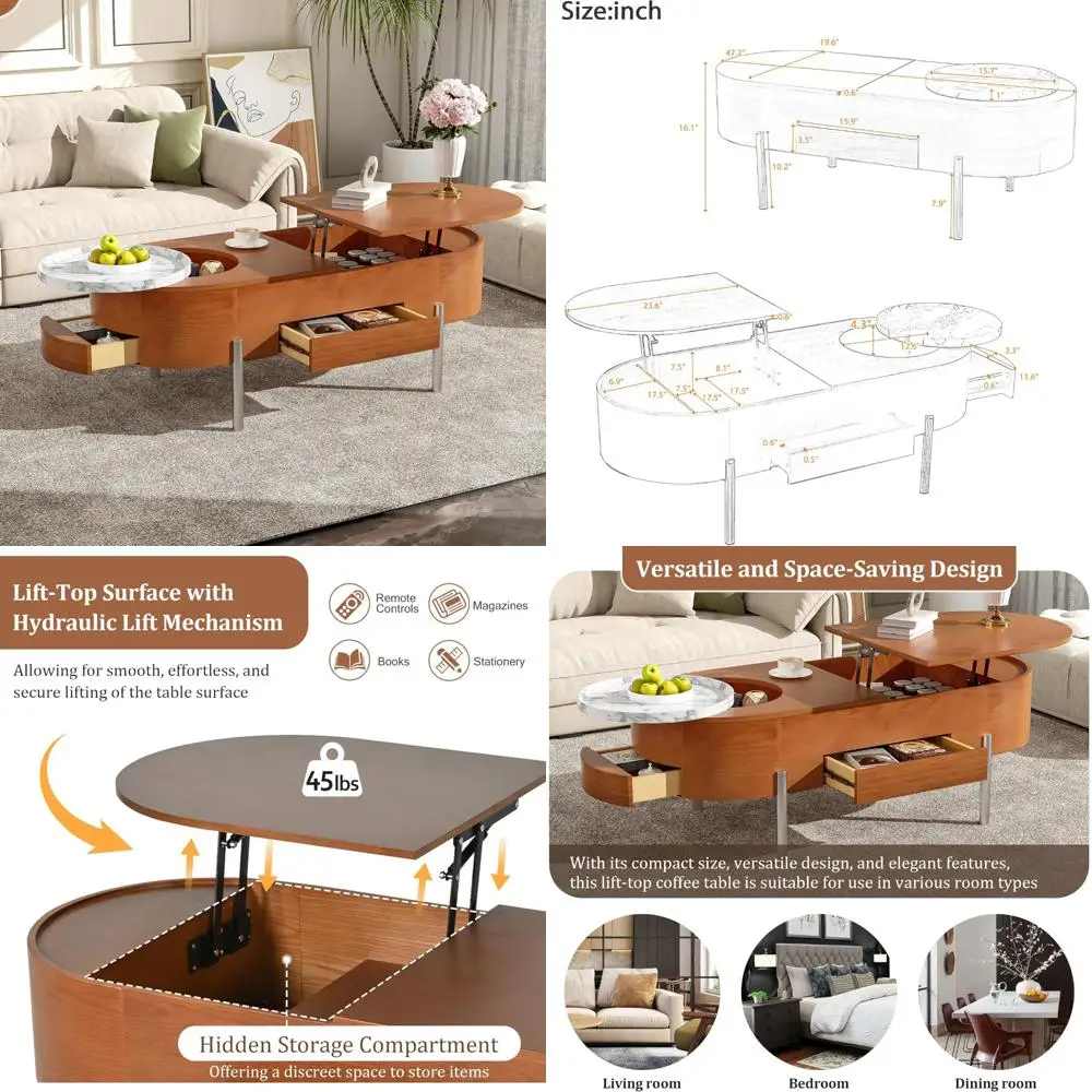 

Merax Modern Lift Top Coffee Table with Marble-Patterned Rotating Tray & Drawers, Rustic Wood Oval Storage Center Tables for Liv