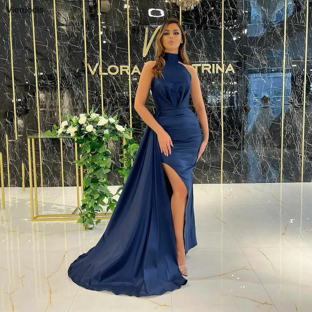

Dark Navy Satin Prom Dress High O Neck Split Skirt Prom Gown Sweep Train Party Dress Vestido De Noche