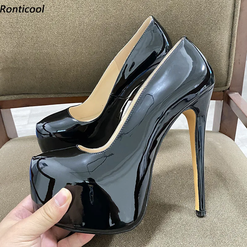Ronticool New Women Summer Platform Pumps Sexy Stiletto Heels Round Toe Advanced Black Cosplay Shoes Ladies US Plus Size 4-15