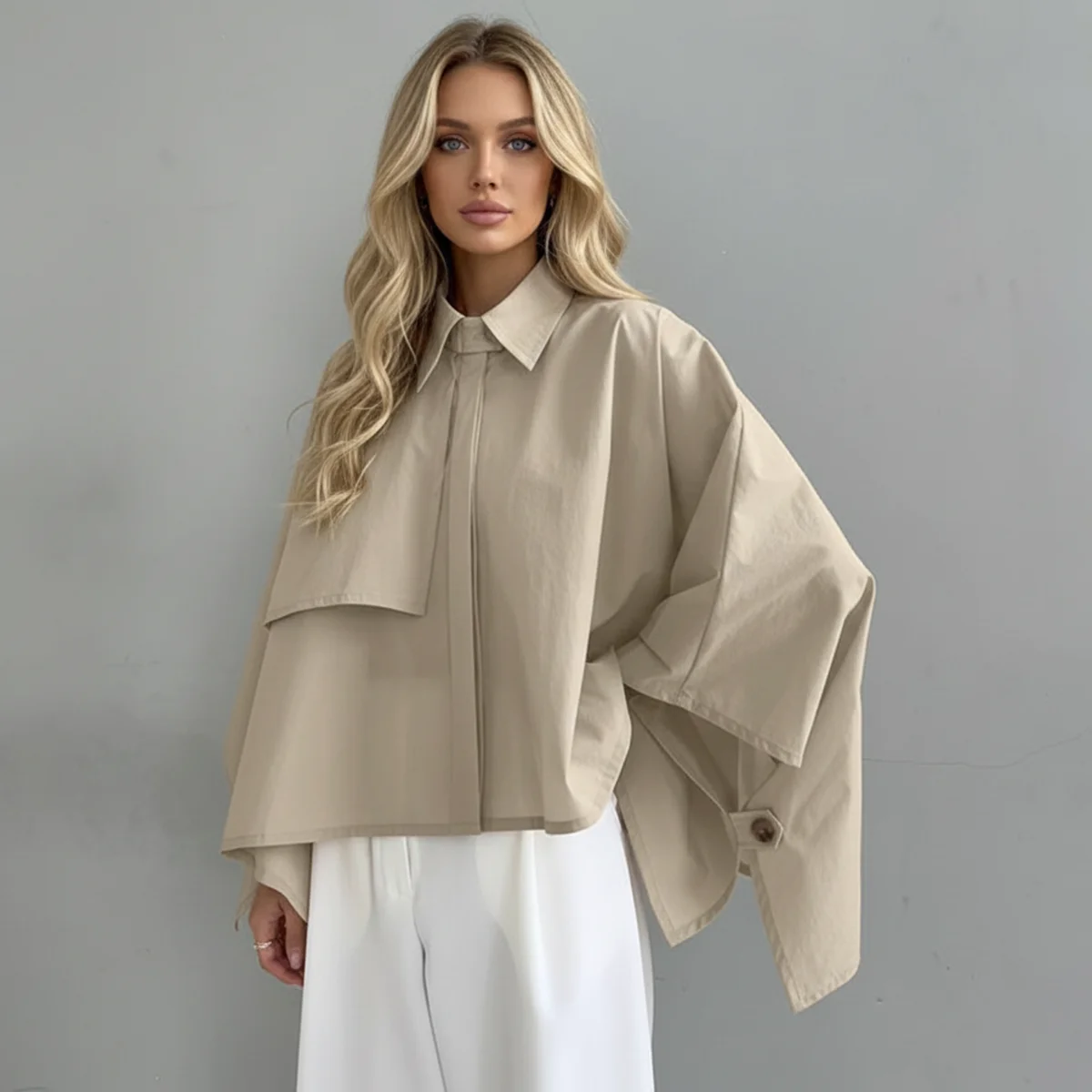 

2026 Fashion Women's Shirts Tops Single Button Turn Down Collar Loose Cape Jacket Lady Streetwear Solid Short Cape Outwear Top