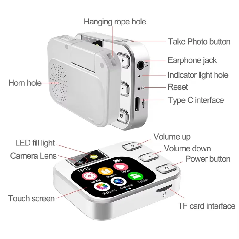 FFYY-Mini Digital Camera MP3 Player 2.01 Inch Touch Screen Type-C Take Pictures Video Recording E-Book Reading
