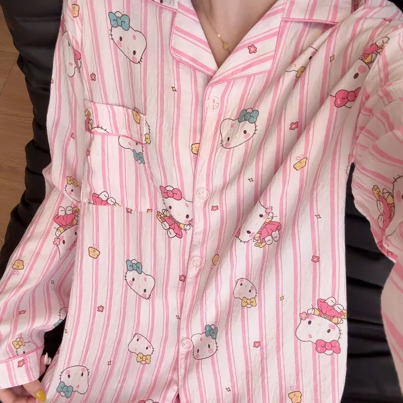 

Пижамный комплект с рисунком весны и осени из 2 предметов в стиле аниме Sanrio hello kitty, новый пижамный комплект с лацканами и длинными рукавами, домашняя одежда, кавайная пижама для девочек