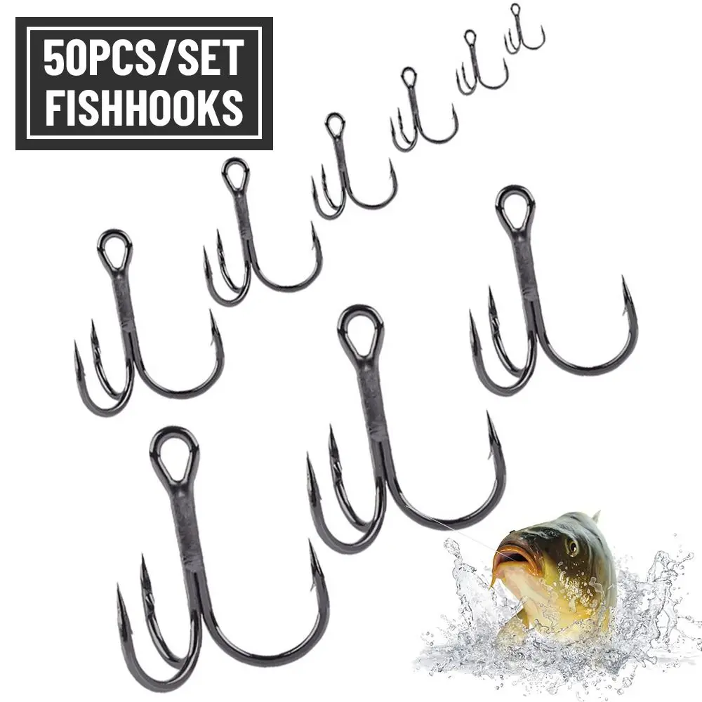 50Pcs Black Nickel  Super Sharp Fishhooks Treble Fishing Hooks  High Carbon Steel Matte Tin Hooks Fishing Tackle