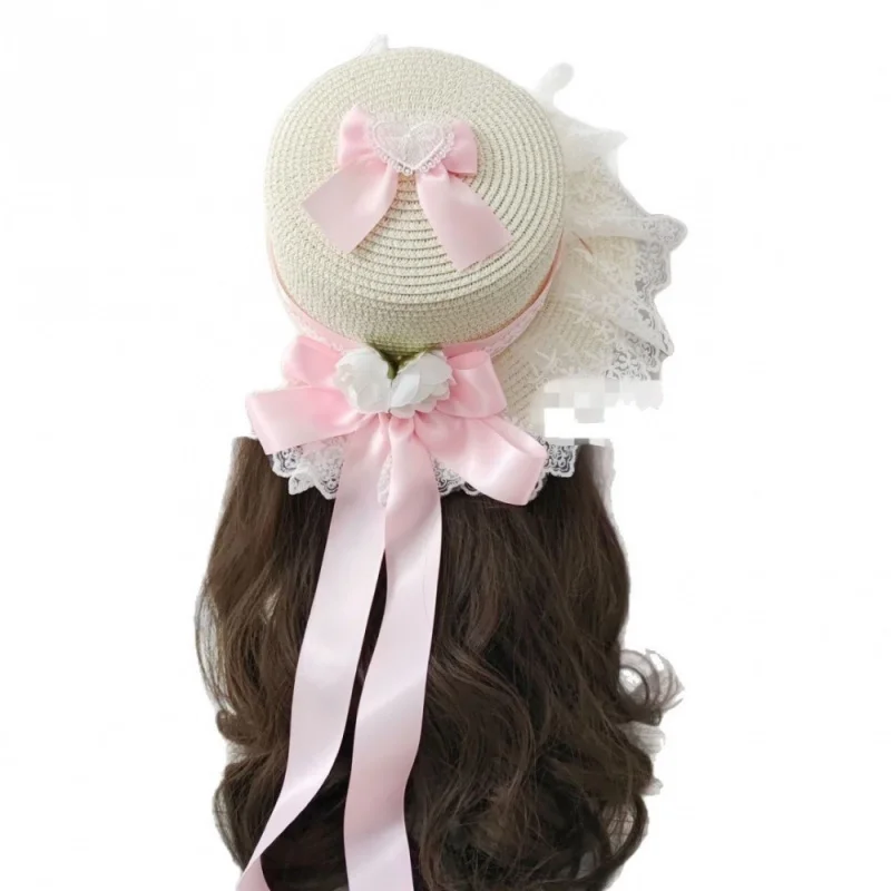 로리타 밀짚모자 숲의 달콤한 리본 프랑스 소녀 꽃 차양 모자 로리타 플랫 탑 모자 사랑 스타일