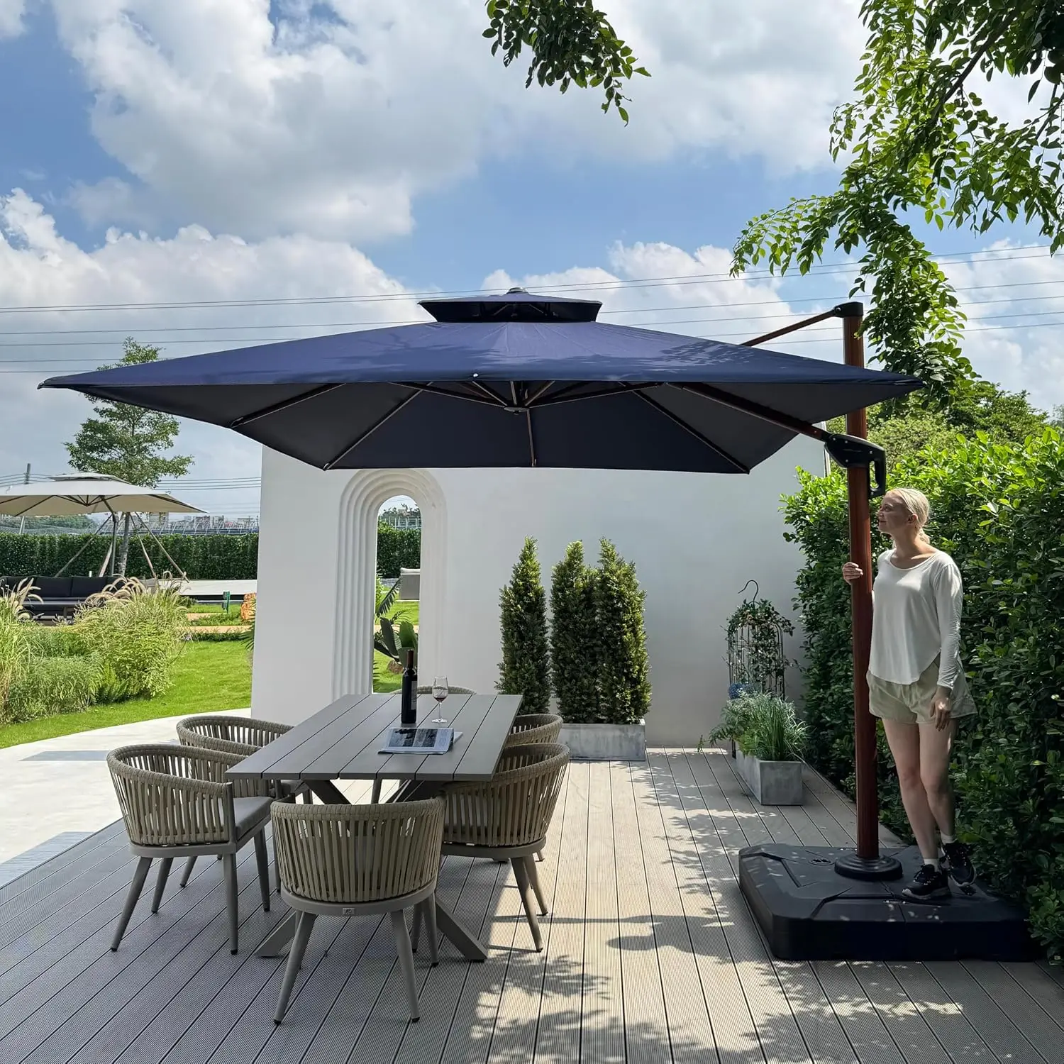 Cantilever Umbrella 9' X 12' Wood-Grain Finish, Navy Blue | Braced frame holds firm, 240GSM fade-resistant fabric,, Customized