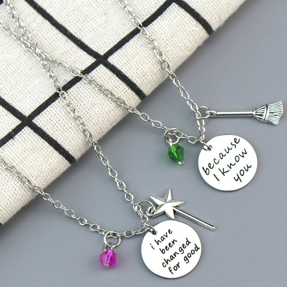 Wicked the Musical Inspired Elphaba and Galinda 'because i know you' Friendship Necklaces Magic Wand Broom Charms Jewelry Gift ﻿
