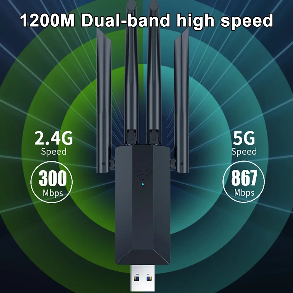 1200Mbps WiFi USB Adapter Dual Band 2.4G + 5Ghz Wi-Fi Dongle 4 เสาอากาศ 802.11AC USB3.0 ไร้สายความเร็วสูงตัวรับสัญญาณ PC/แล็ปท็อป