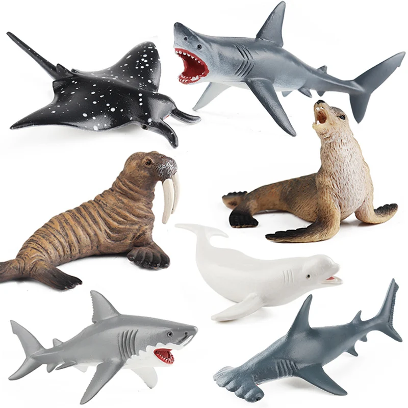 Marine Life Aquarium Sea Lion Animals Beluga Action Figures Hammerhead Shark Megalodon Devil's Ray Fish Figurine Miniacture Toys