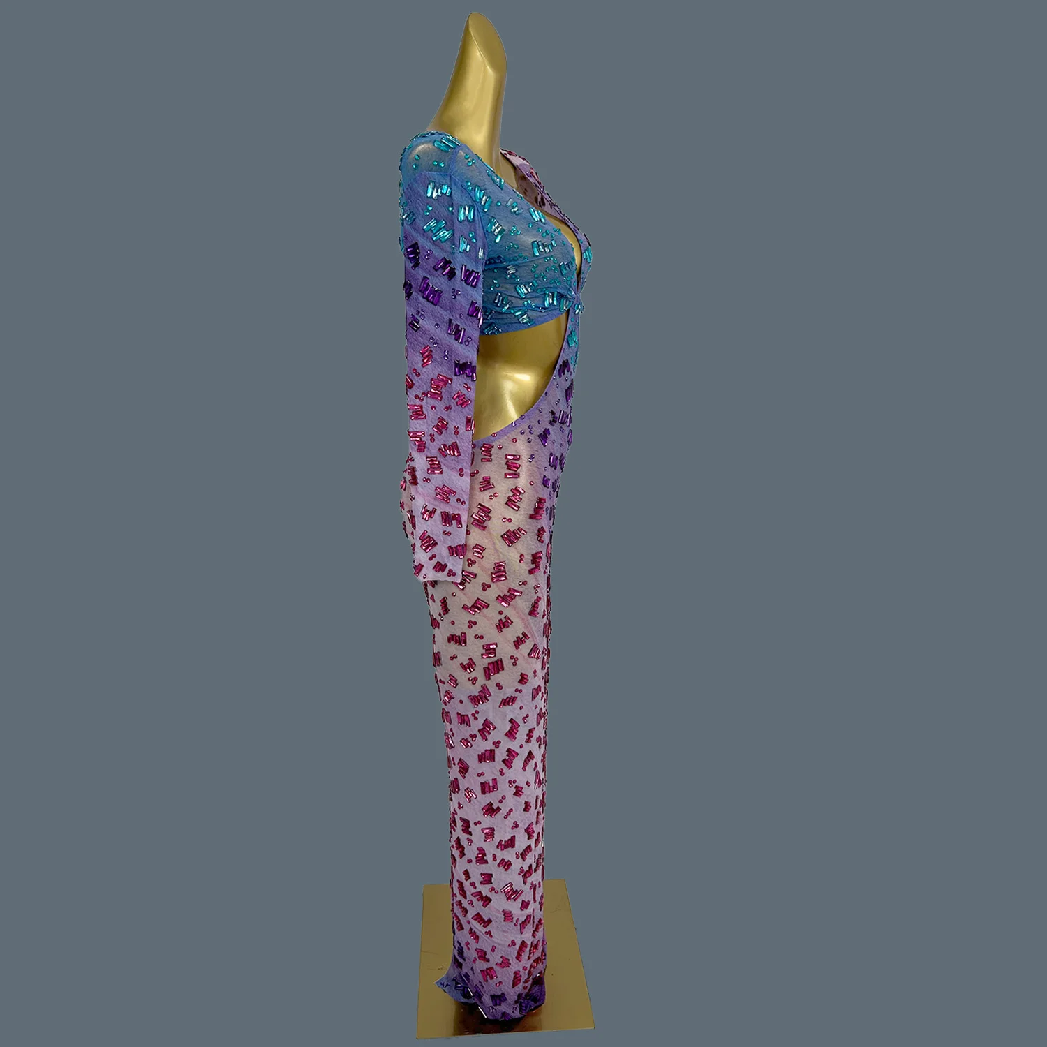 Sparkly Rhinestones Deep V Neck Long Dress Women Sexy Sheer Mesh Party Celebrate Birthday Evening Gown Photo Shoot Wear Haichao