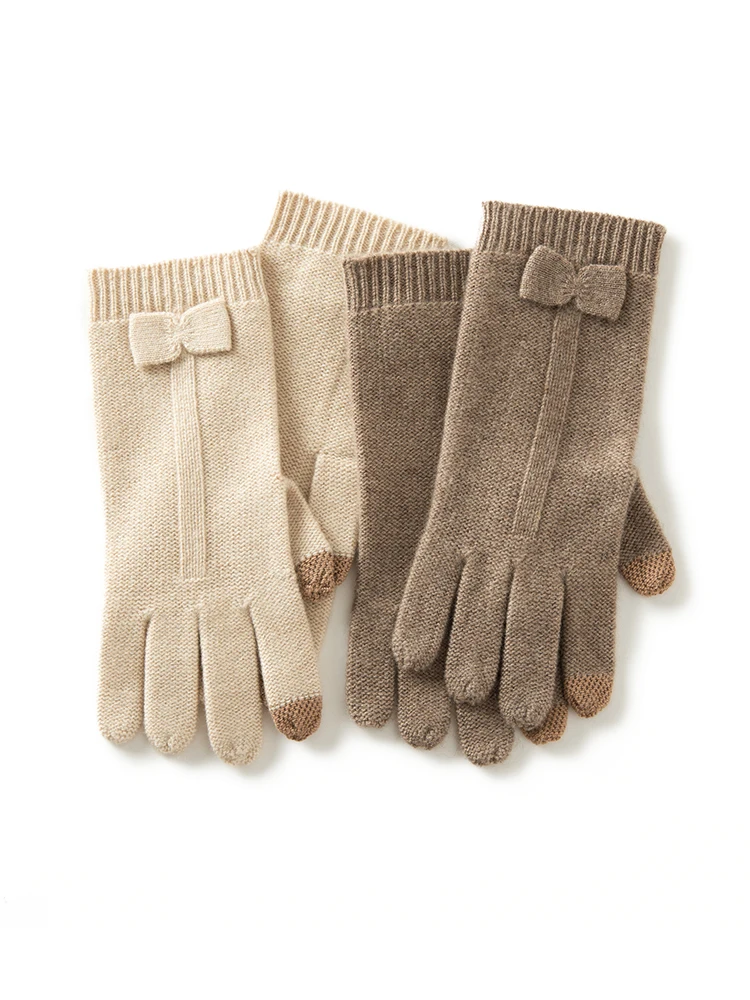 

Wholesale 100% Real Cashmere Knitted Gloves Touchscreen Finger Winter Women Thick Cable Warm Wrist Length Classic Female Mitten