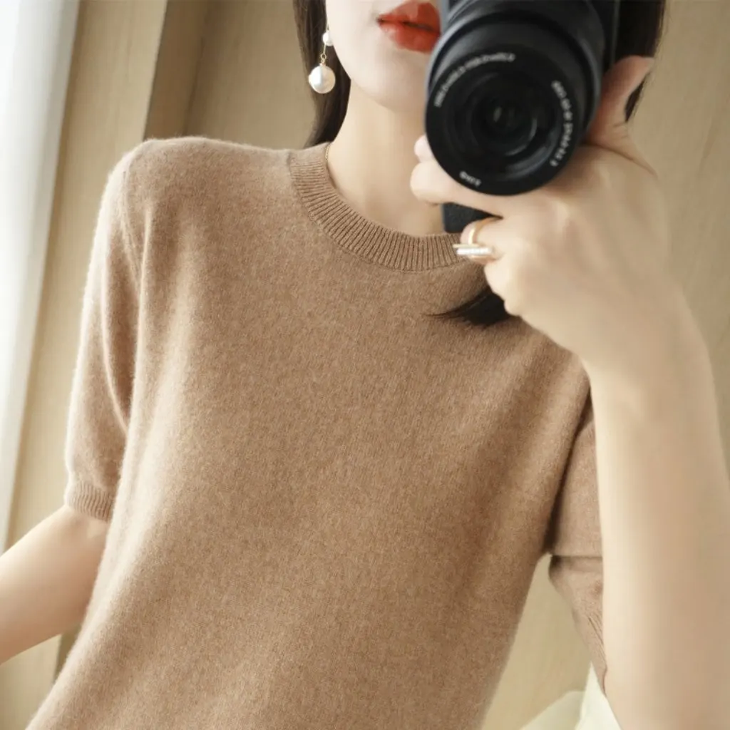 

Women's round Neck Knitted Short-Sleeved Casual Pullover T-shirt Spring/Summer Loose Fit Top